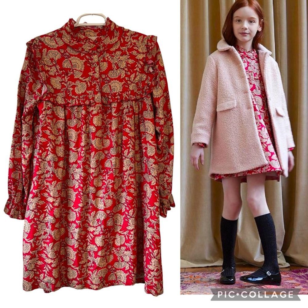 NANOS Girls Tan Red Floral Long Sleeve Brocade Mini Dress, Size 16